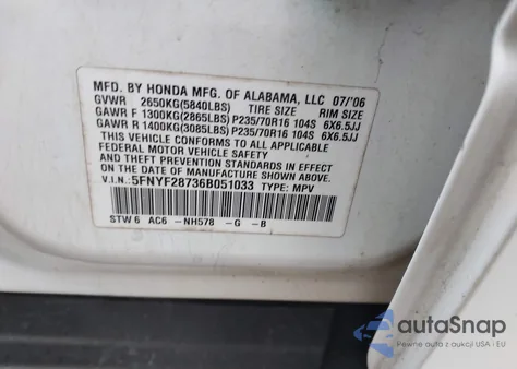 2006 Honda Pilot Ex-L z USA, uszkodzony, nr VIN 5FNYF28736B051033